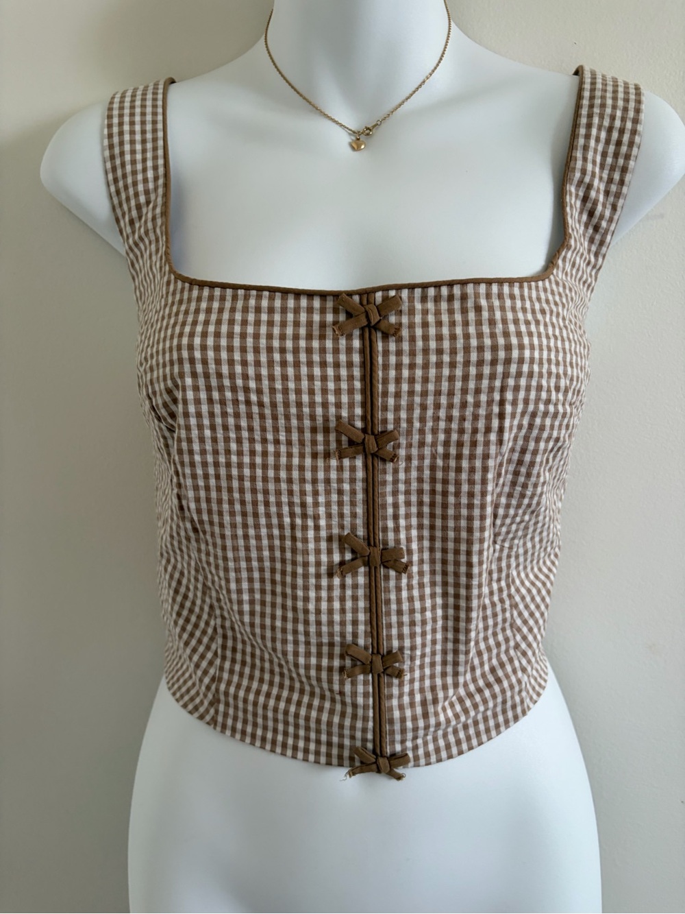Gingham Bow-Front Square Neck Crop Tank - Brown